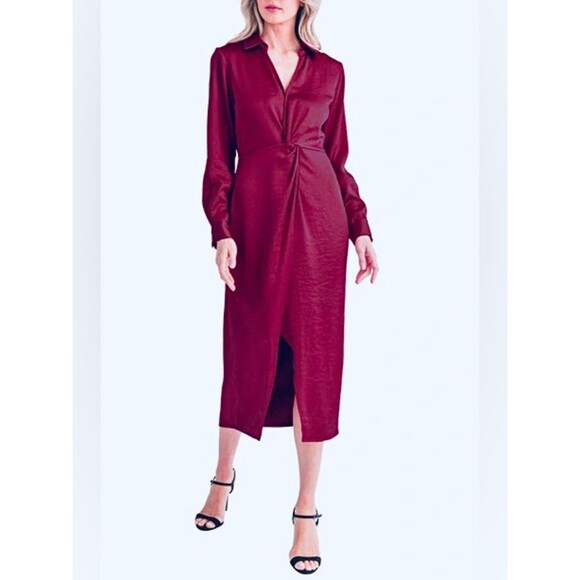 Unbranded Dresses & Skirts - Mila Mae Twist Front Long Sleeve Satin Midi Shirtdress in Wine M